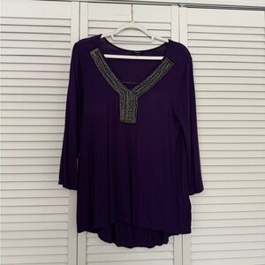 Cupio Purple Blouse with Embellished Beaded Neckline 3/4 Length Sleeves Sz M